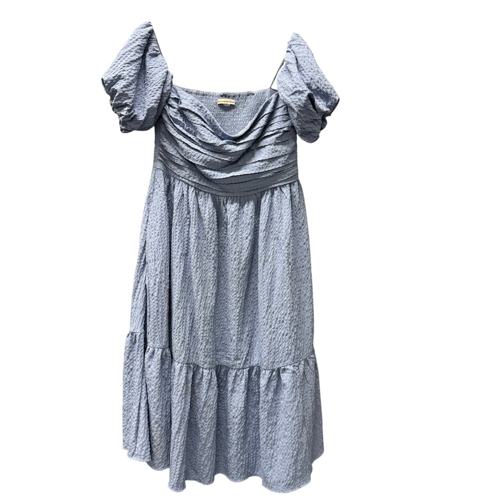 Abercrombie & Fitch Dress Womens L Puff Sleeve Blue Smocked Emerson Off Shoulder